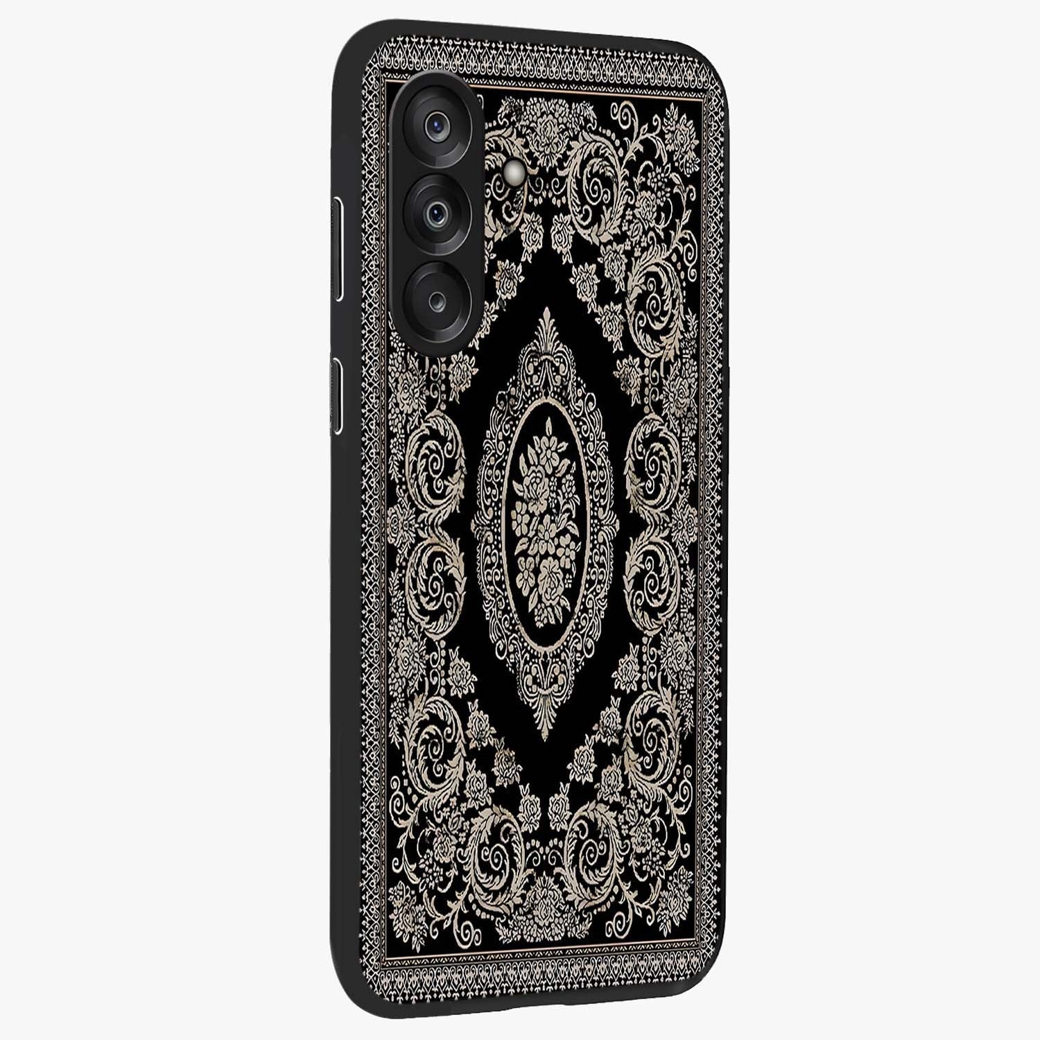 Noir Bloom Elegance Glass Case upright view showcasing graceful floral artwork with luxurious dark theme.