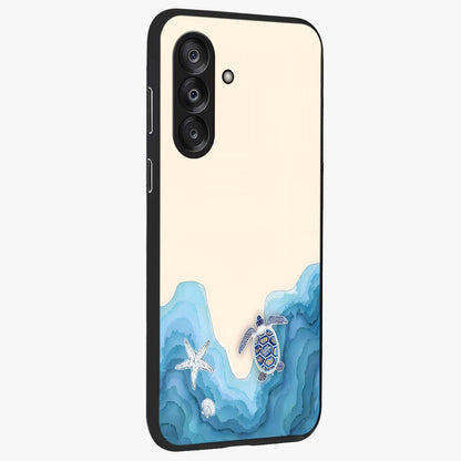 Ocean Drift Turtle Glass Case upright view showcasing calm underwater turtle artwork with nature inspired theme.