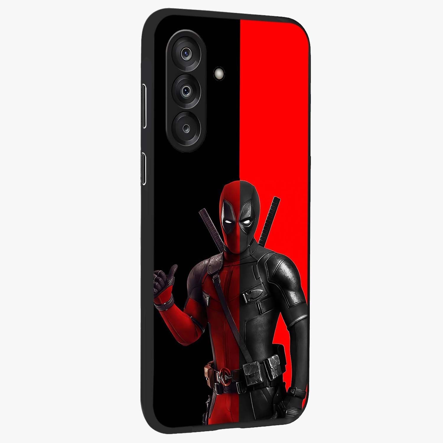 Red & Black Deadpool Theme Glass Case upright view showcasing energetic comic themed artwork with striking red and black design.