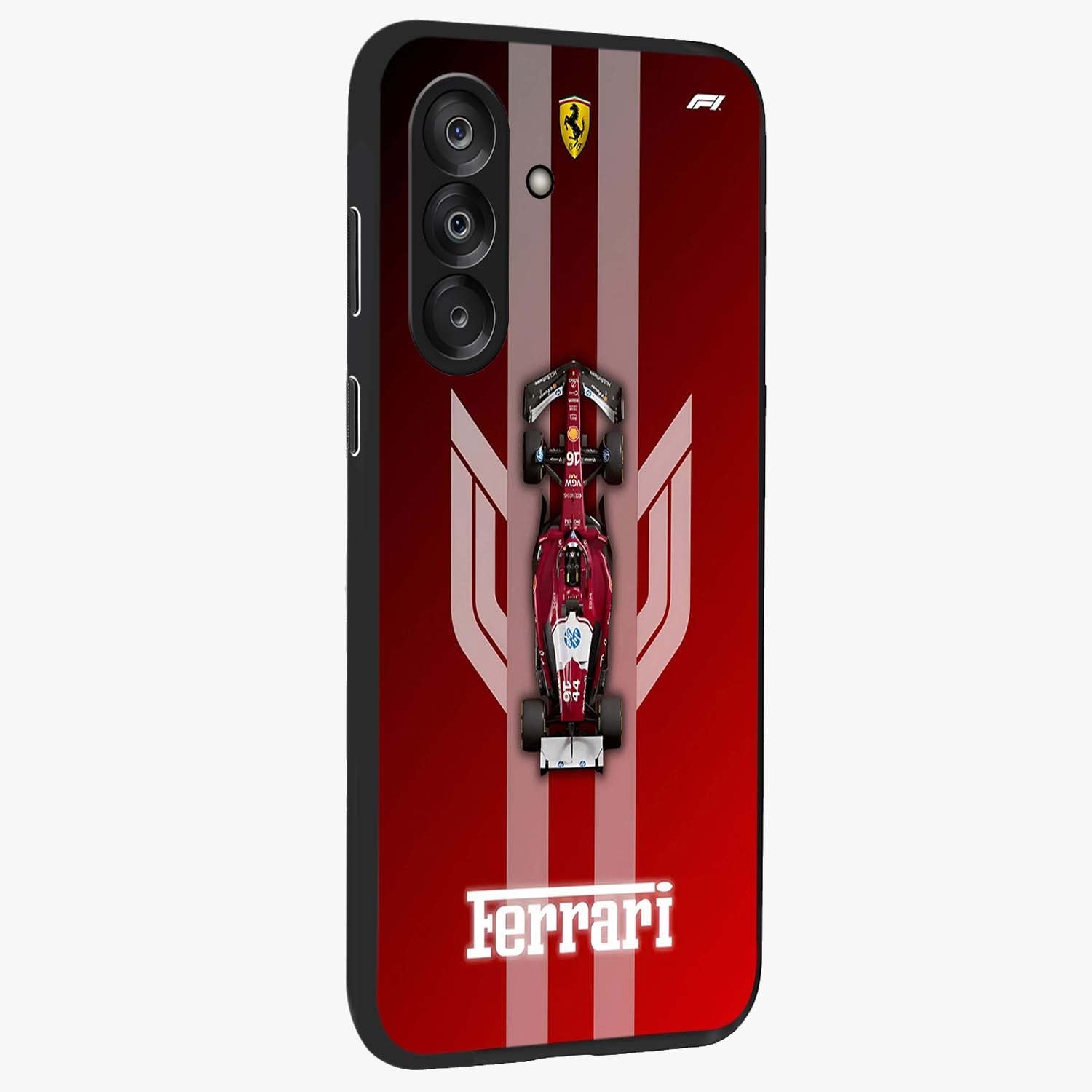 Red Ferrari F1 Vertical Glass Case upright view showcasing powerful Formula car artwork with dynamic motorsport theme.