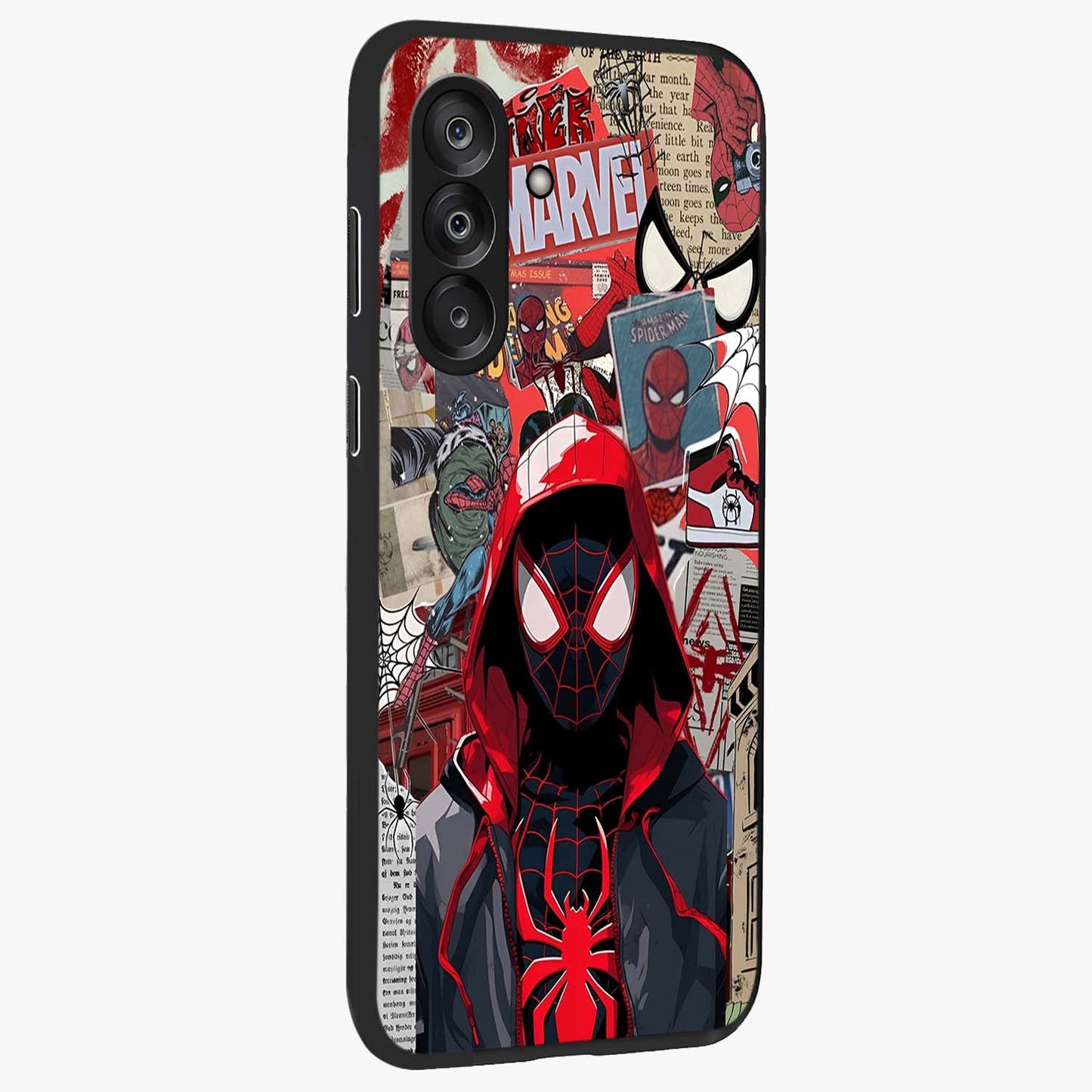 Spider Collage Street Glass Case upright view showcasing bold superhero artwork with urban street theme.