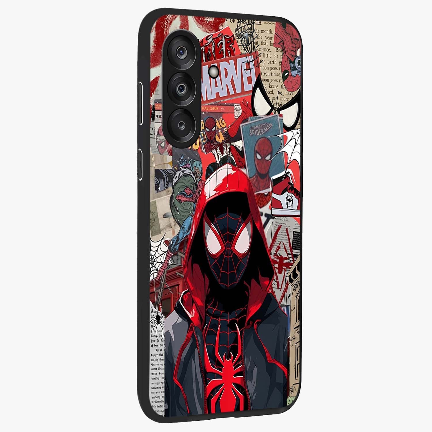 Spider Collage Street Glass Case upright view showcasing bold superhero artwork with urban street theme.