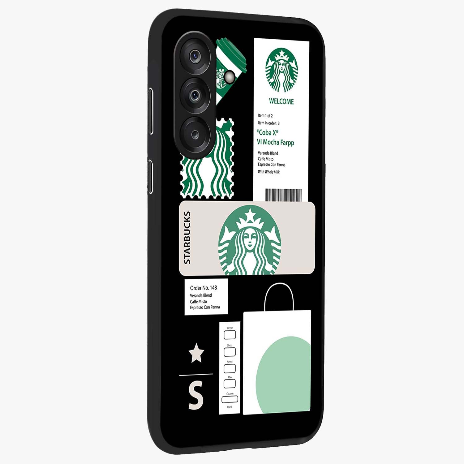 Starbucks Mocha Glass Case upright view showcasing trendy coffee inspired artwork with modern lifestyle theme.