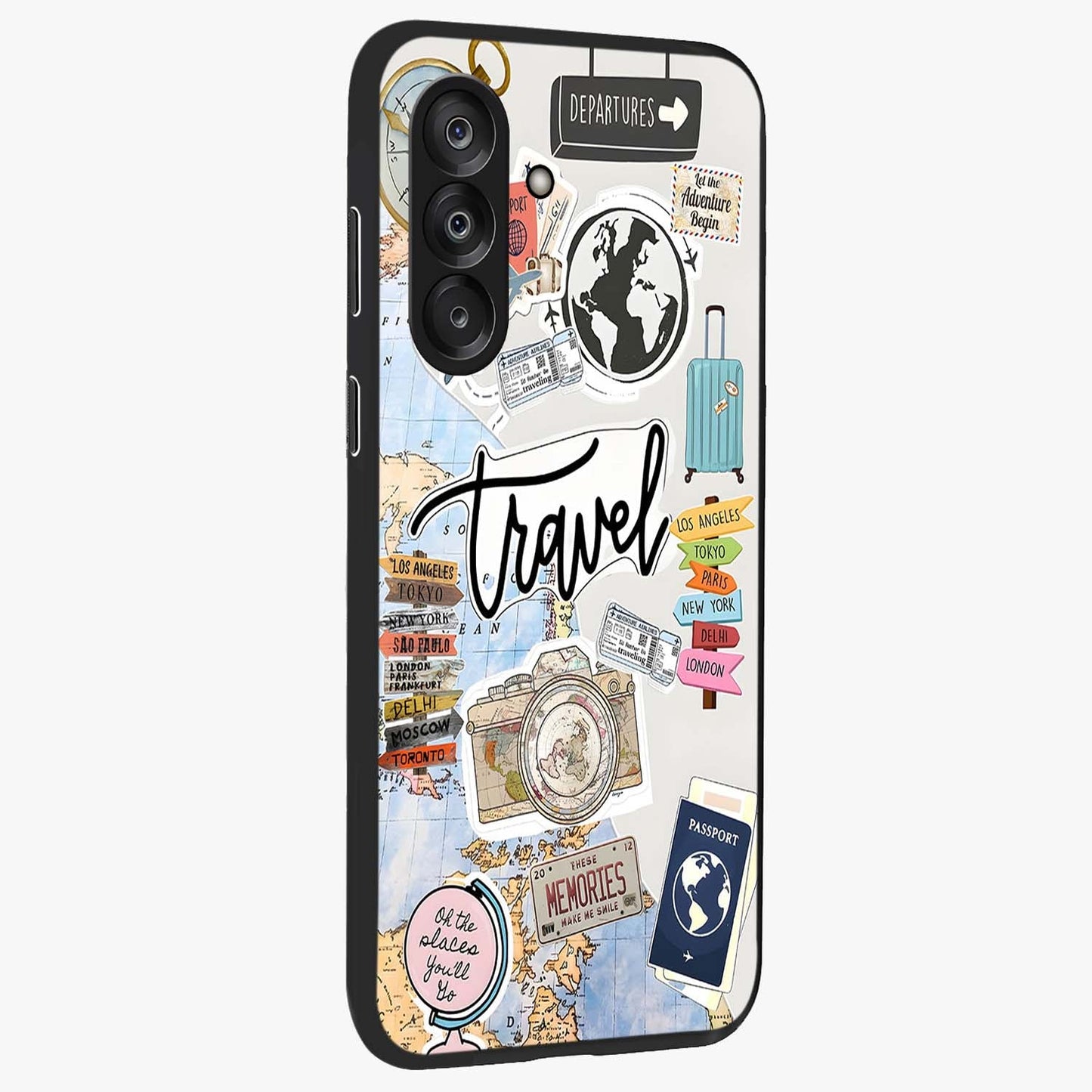 Wanderlust Journal Glass Case upright view showcasing wanderlust inspired artwork with creative exploration theme.