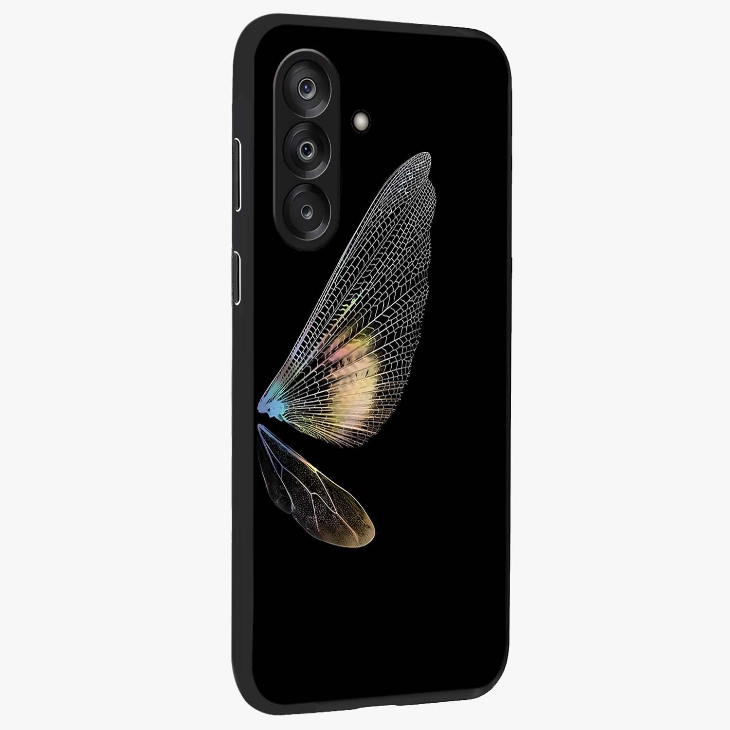 Whispers Of Wings Glass Case upright view showcasing elegant wing artwork with light airy theme.