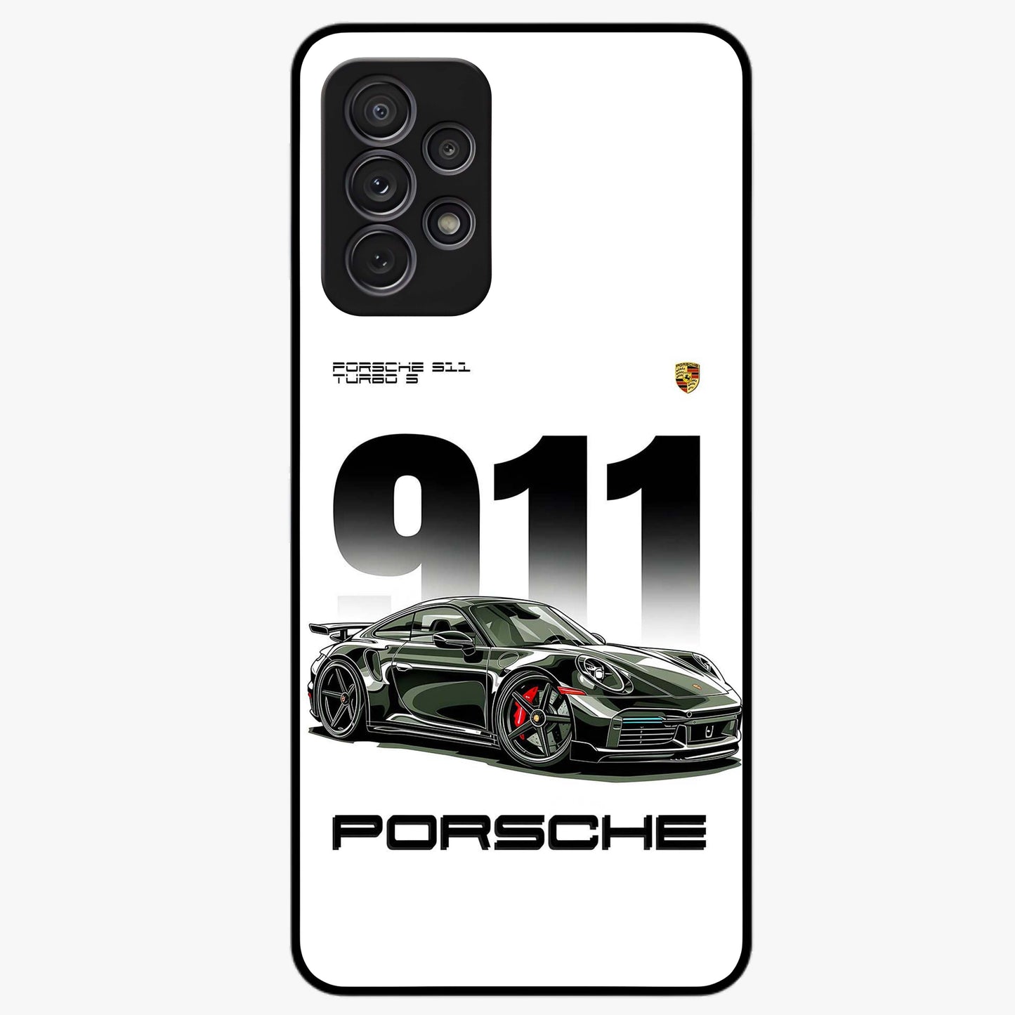 911 Turbo Dominance Glass Case showing clean flat back view with bold 911 sports car artwork and glossy glass finish.
