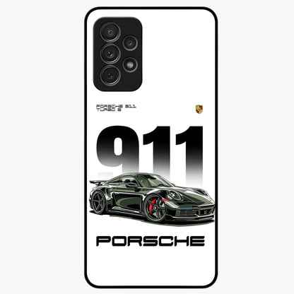 911 Turbo Dominance Glass Case showing clean flat back view with bold 911 sports car artwork and glossy glass finish.