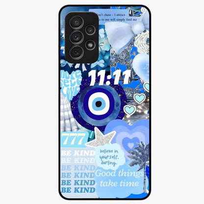 Aesthetic Be Kind Eye Glass Case showing flat back view with motivational eye artwork and glossy glass finish.