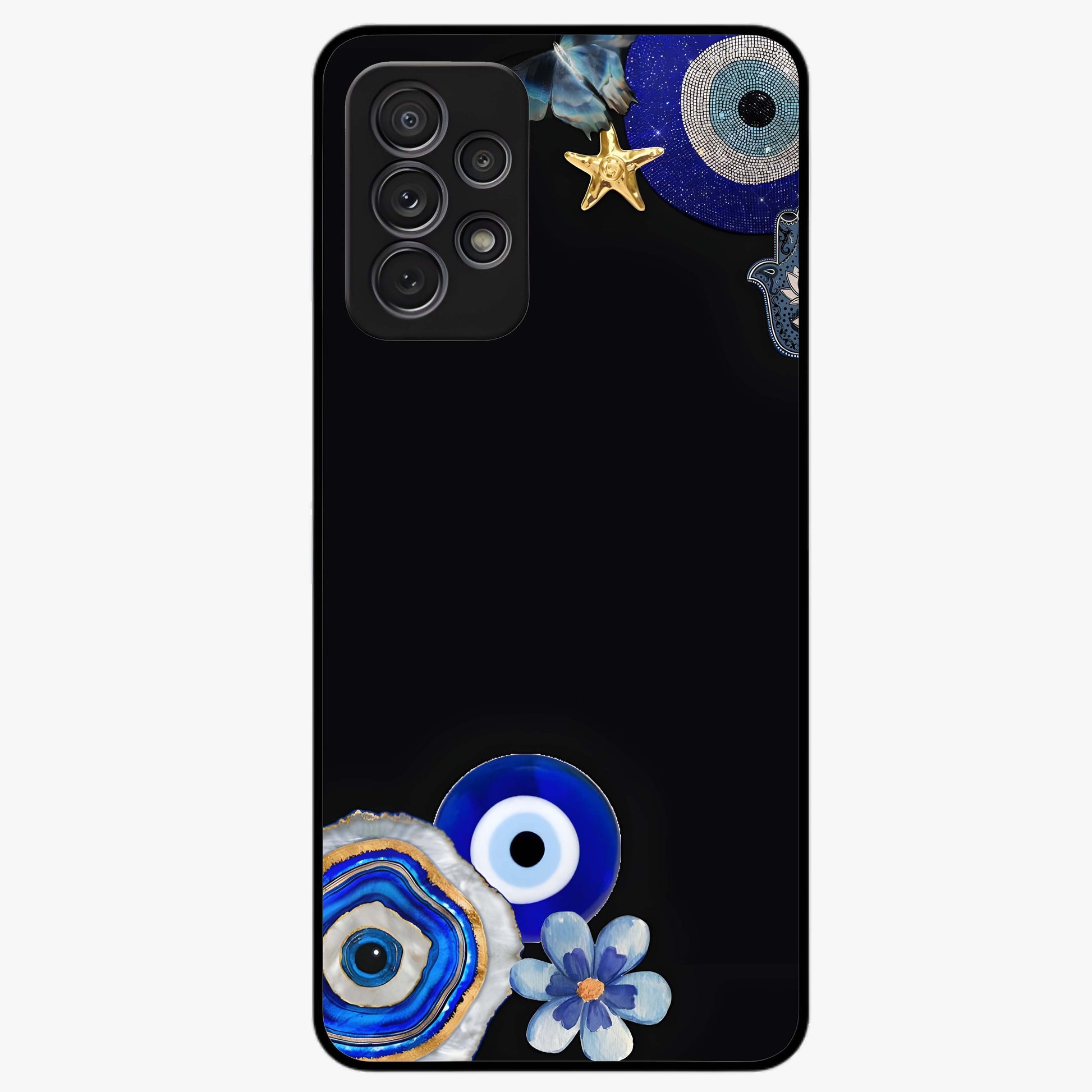 Aesthetic Blue Evil Eye Glass Case showing flat back view with protective evil eye artwork and glossy glass finish.