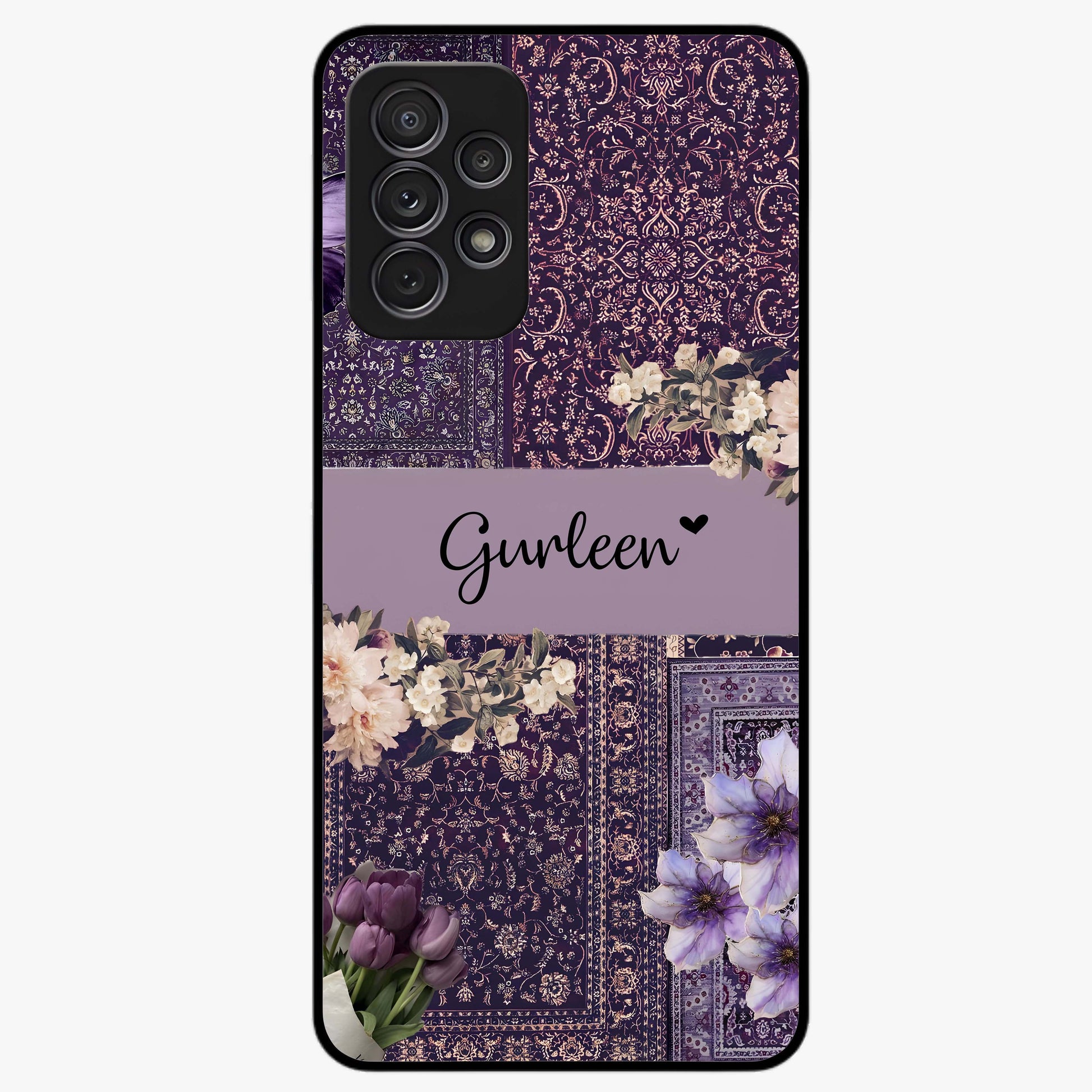 Antique Floral Whisper Custom Name Glass Case showing flat back view with vintage floral artwork and personalized name design.