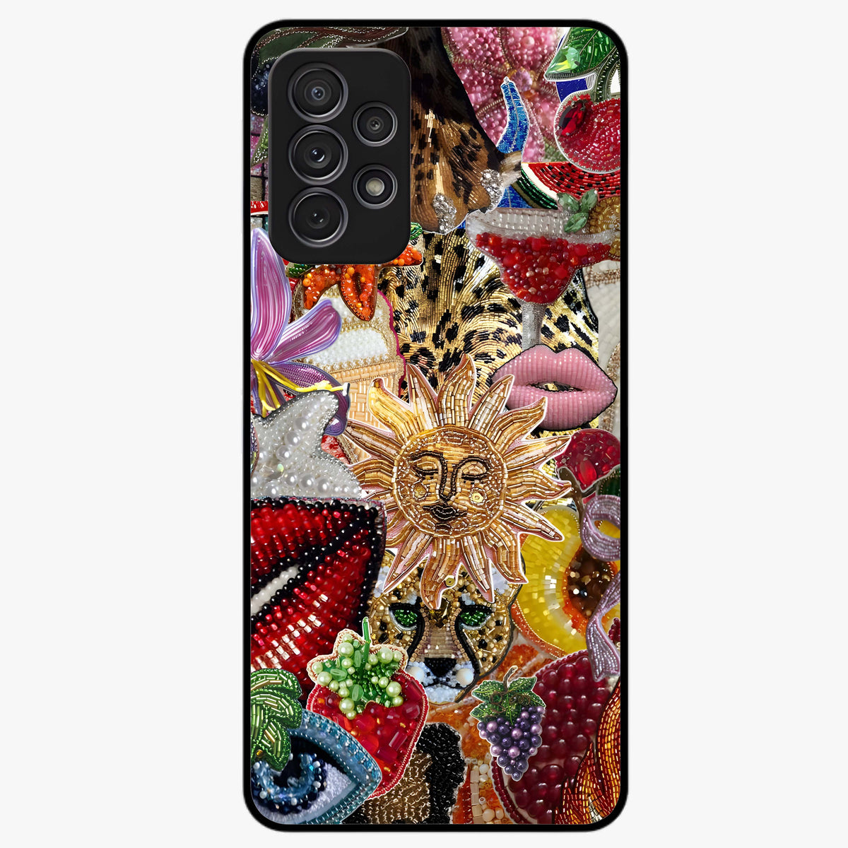 Beaded Fashion Jungle Glass Case showing flat back view with vibrant jungle inspired bead artwork and glossy glass finish.