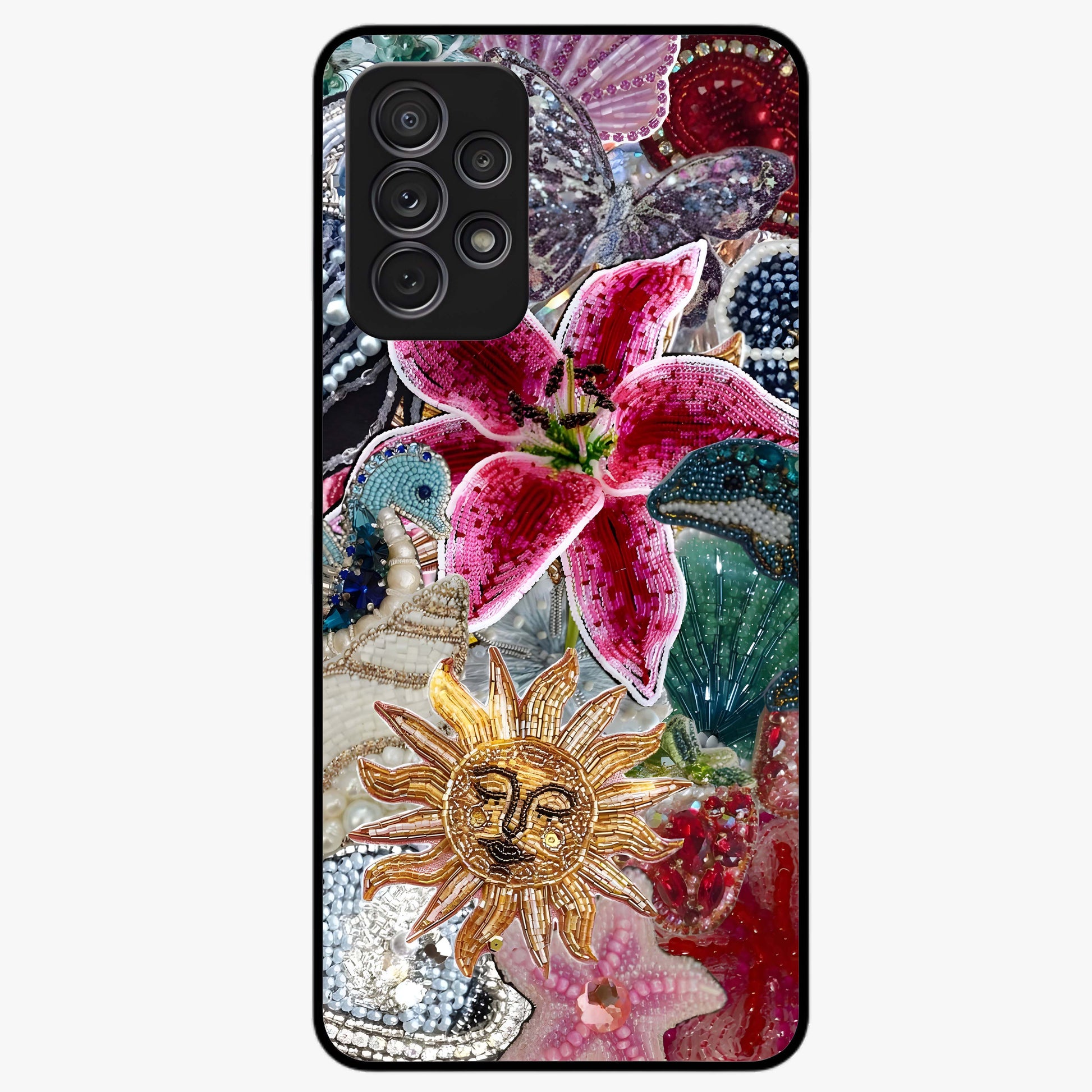 Beaded Garden Fantasy Glass Case showing flat back view with dreamy garden bead artwork and glossy glass finish.