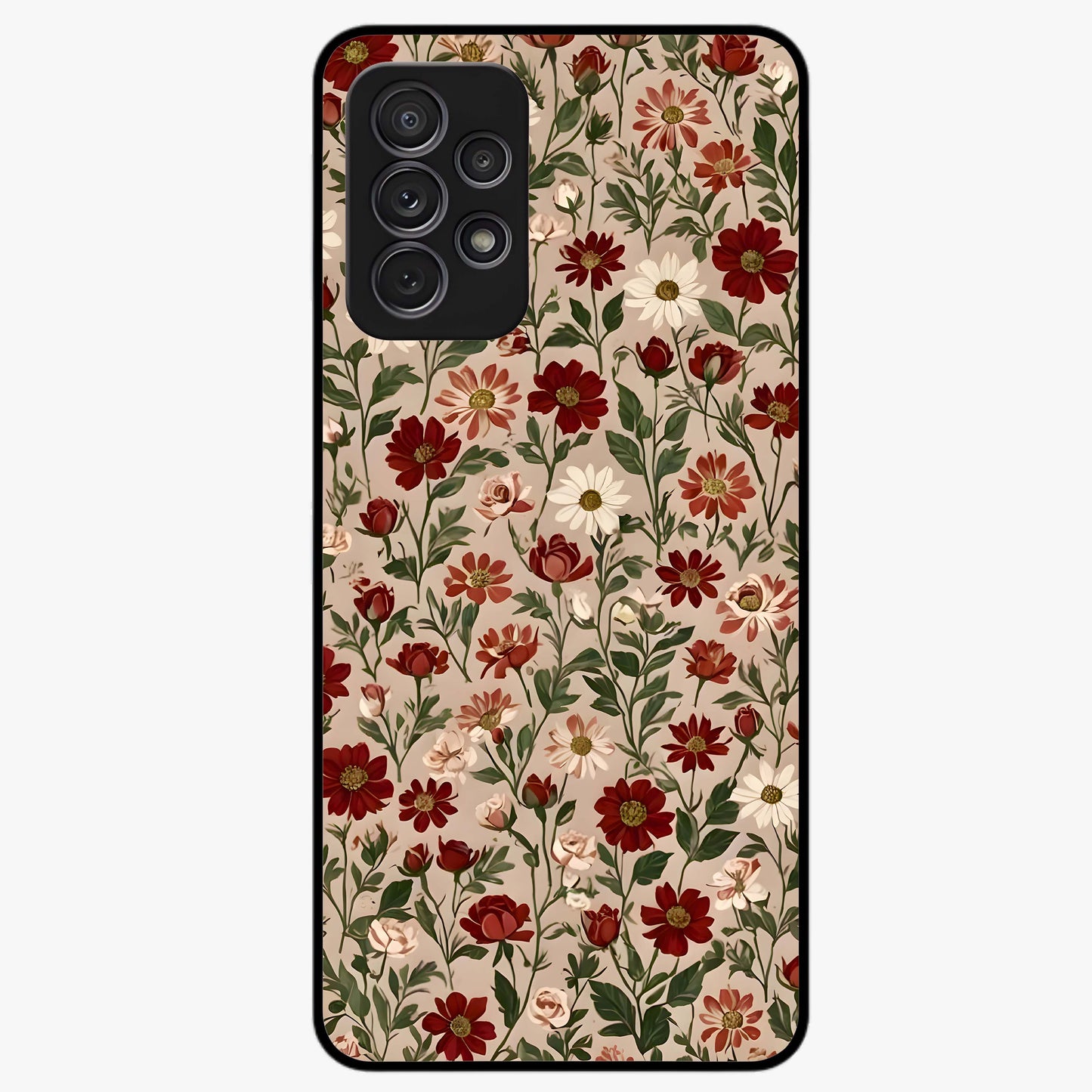 Biege Flower With Leaf Glass Case showing flat back view with soft beige floral artwork and glossy glass finish.