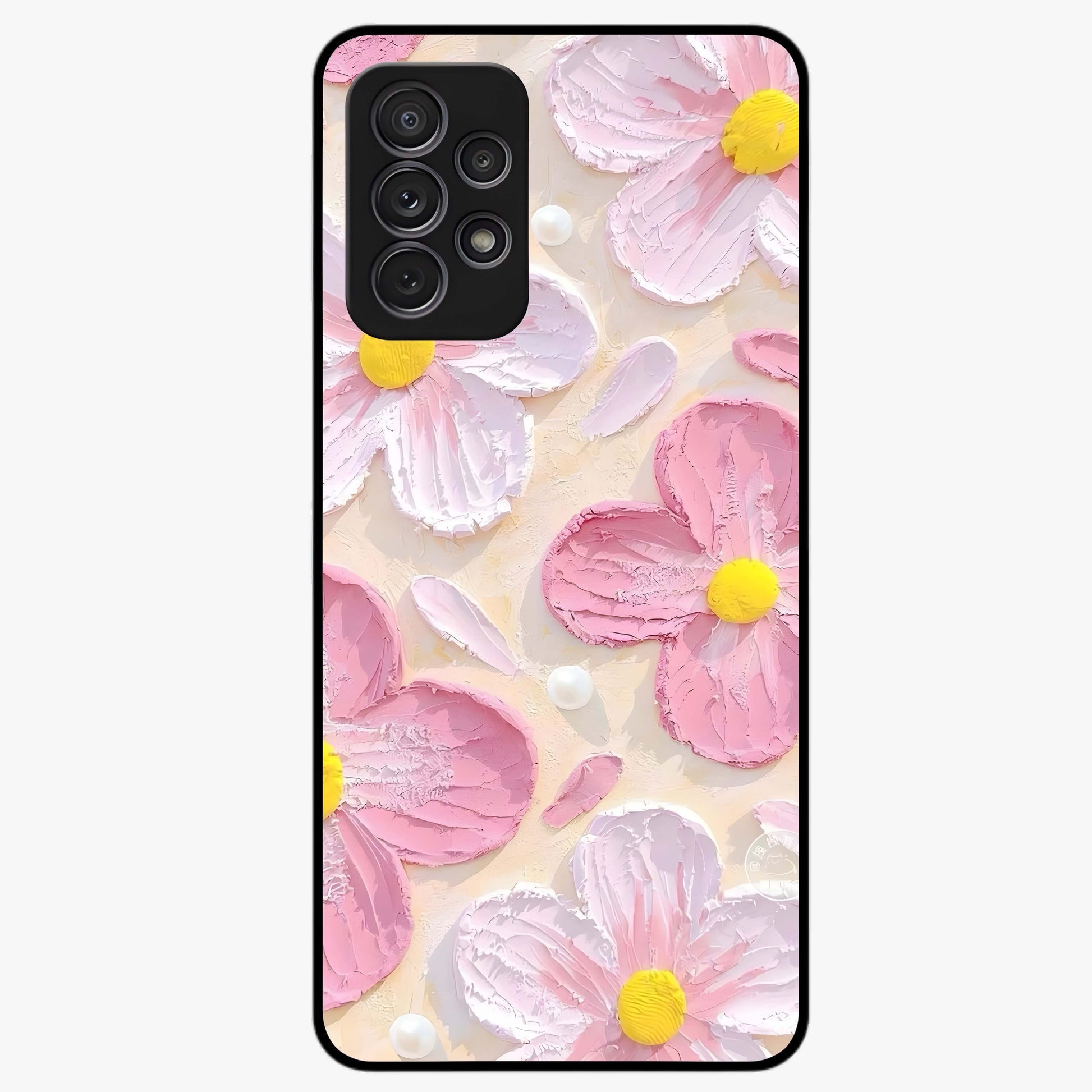 Blush Bloom Texture Glass Case showing flat back view with soft blush floral texture artwork and glossy glass finish.