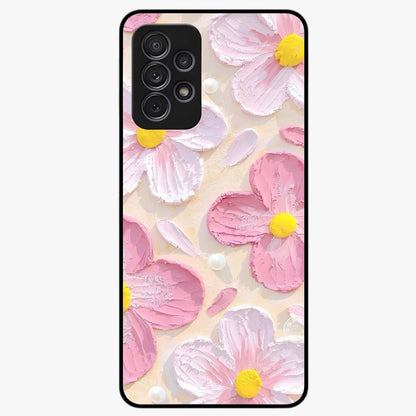 Blush Bloom Texture Glass Case showing flat back view with soft blush floral texture artwork and glossy glass finish.