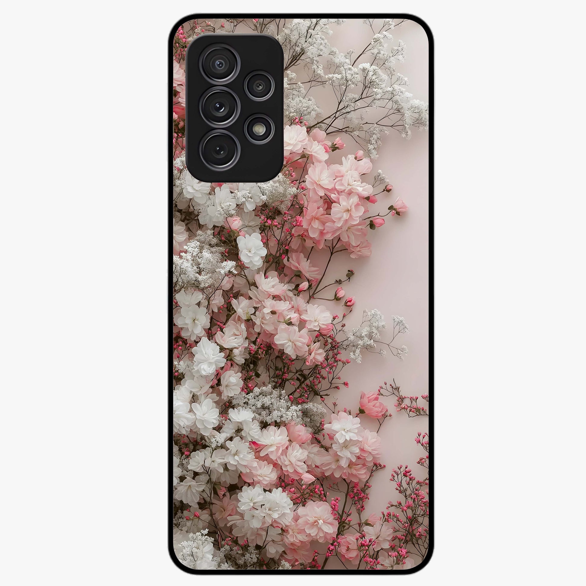 Blush Blossom Cloud Glass Case showing flat back view with dreamy blush cloud blossom artwork and glossy glass finish.