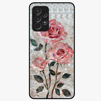 Blush Mosaic Bloom Glass Case showing flat back view with mosaic floral bloom artwork and glossy glass finish.