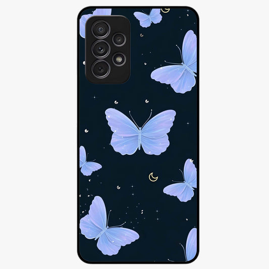 Butterfly With Stars Pattern Glass Case showing flat back view with butterfly and star pattern artwork and glossy glass finish.