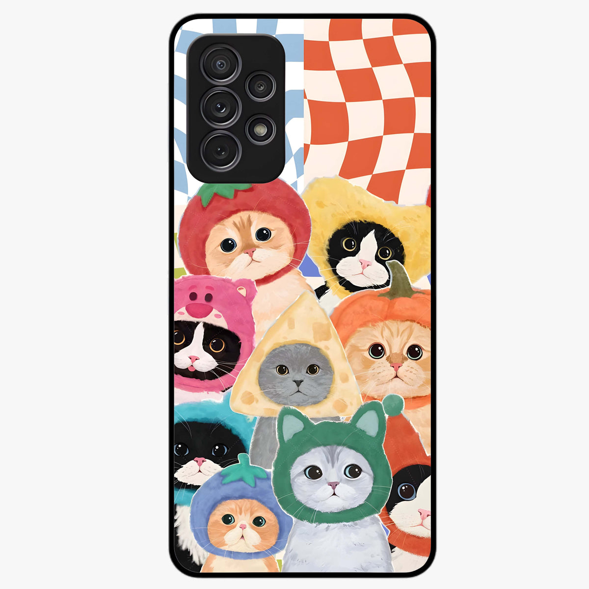 Cats in Fruits Glass Case showing flat back view with playful cat illustrations inside fruit artwork and glossy glass finish.