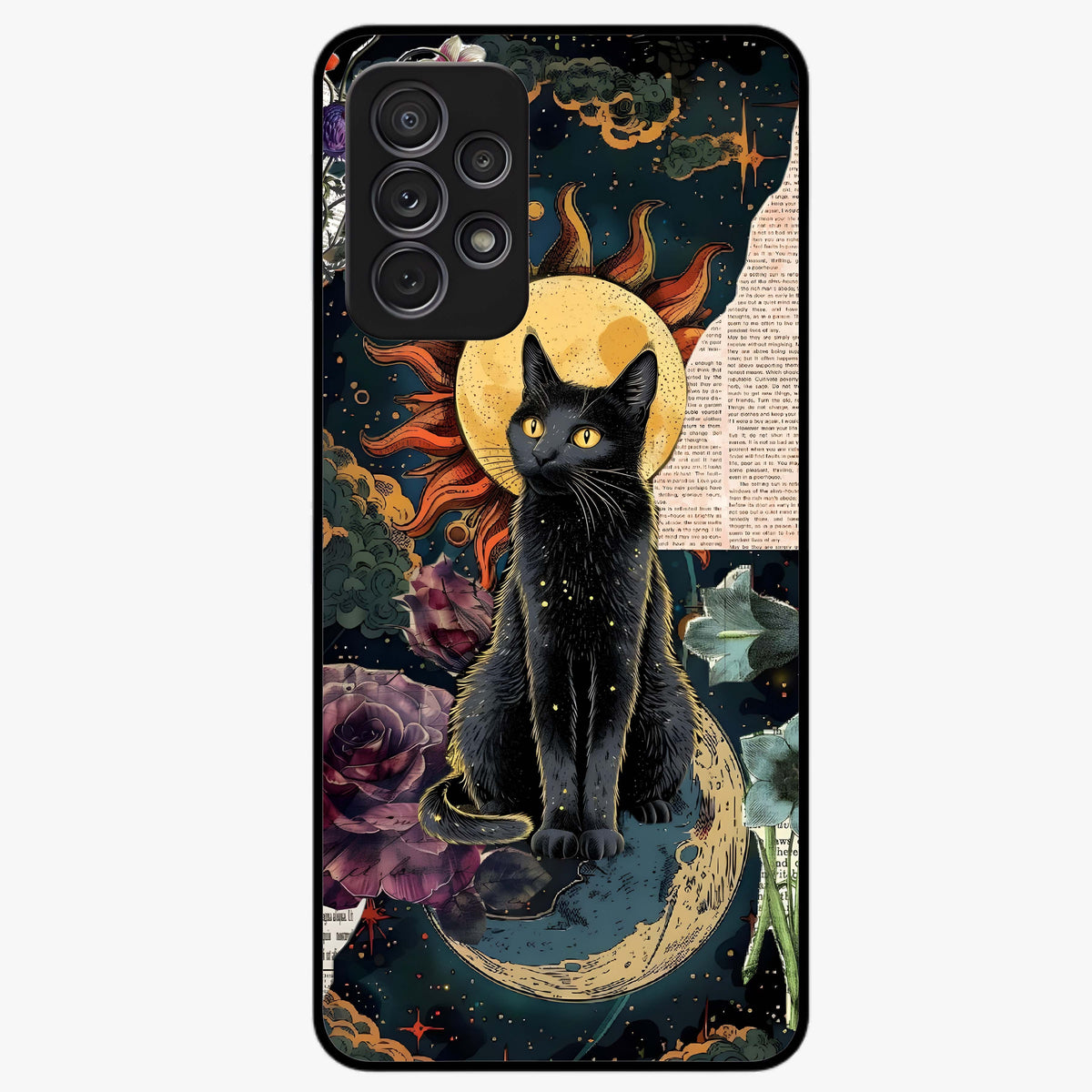 Celestial Black Cat Glass Case showing flat back view with mystical black cat artwork and glossy glass finish.