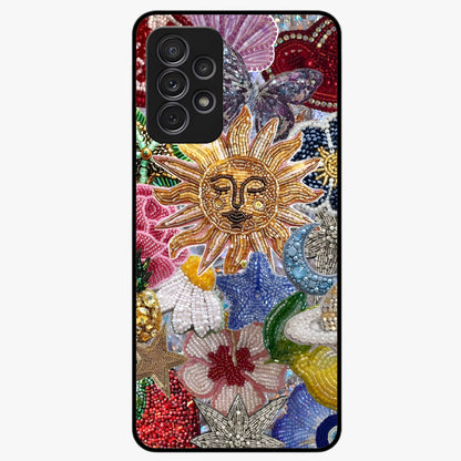Celestial Floral and Playful Glass Case showing flat back view with floral and celestial themed artwork and glossy glass finish.
