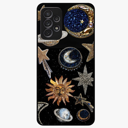 Celestial Gem Constellations Glass Case showing flat back view with sparkling constellation artwork and glossy glass finish.