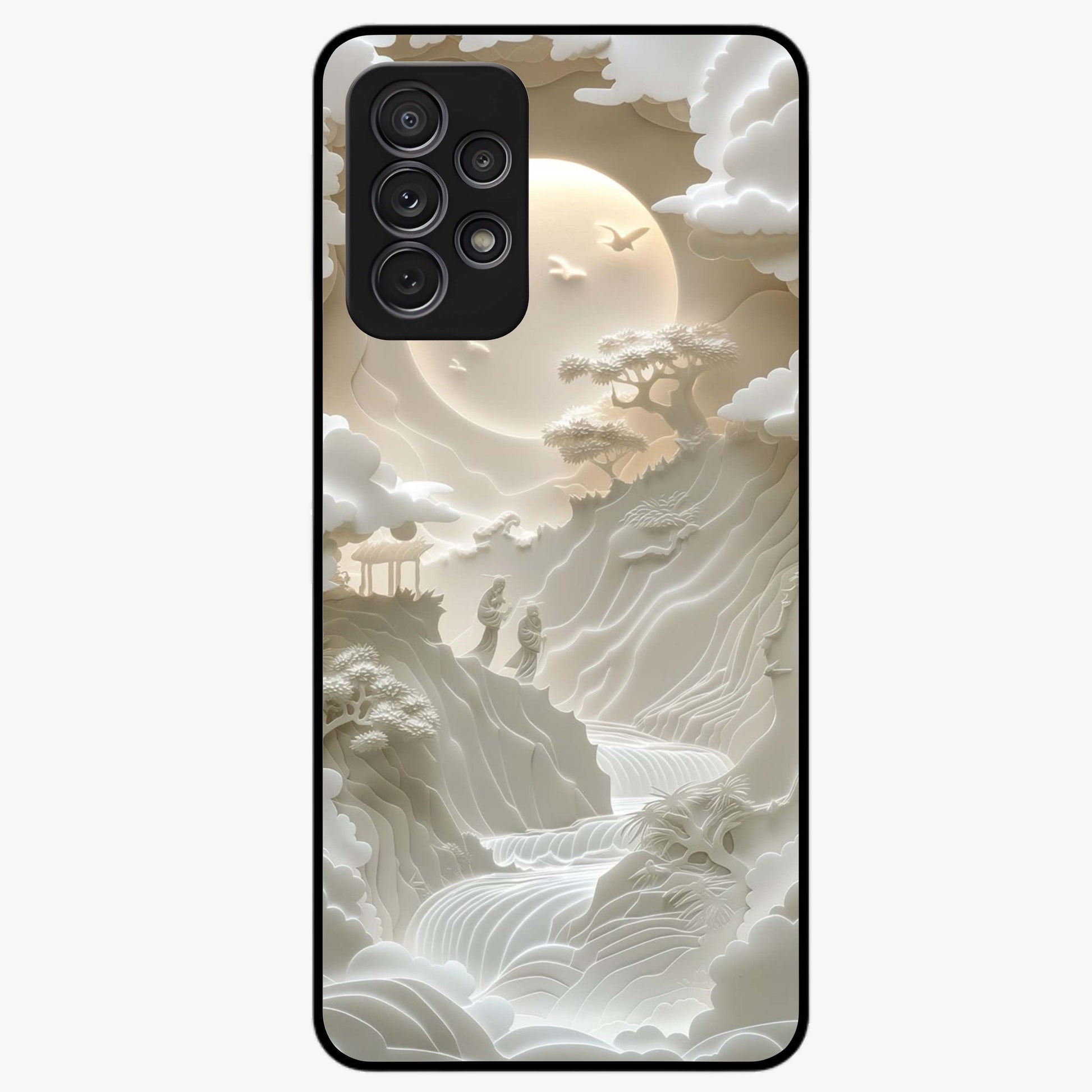 Celestial Origami Glass Case showing flat back view with artistic origami inspired celestial artwork and glossy glass finish.