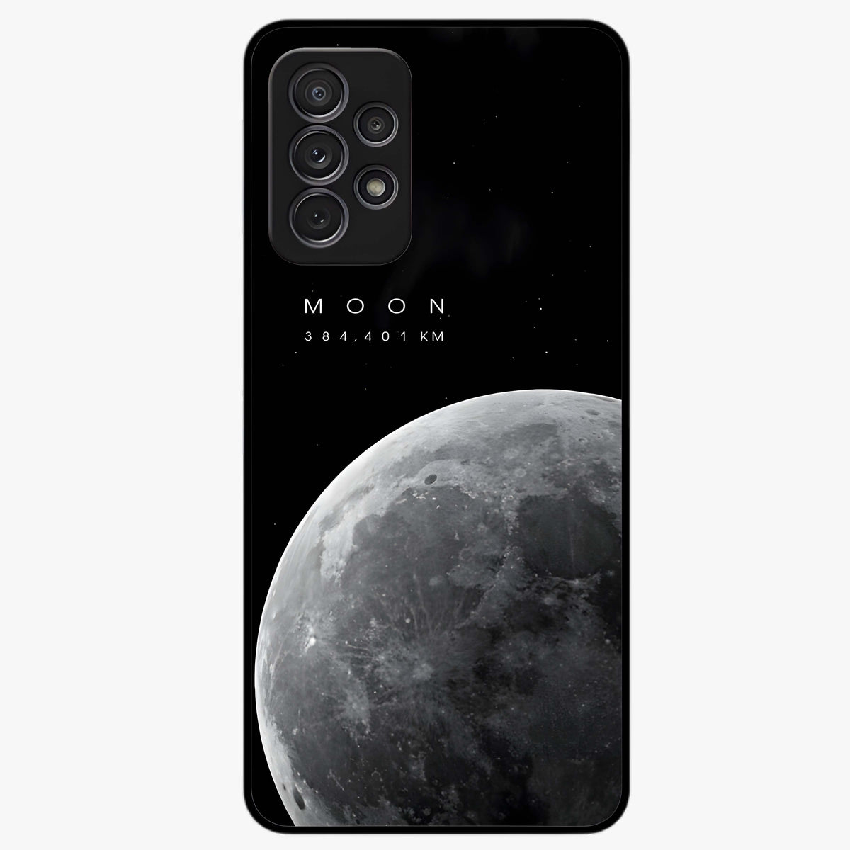 Cosmic Moon Glow Glass Case showing flat back view with glowing moon artwork and glossy glass finish.