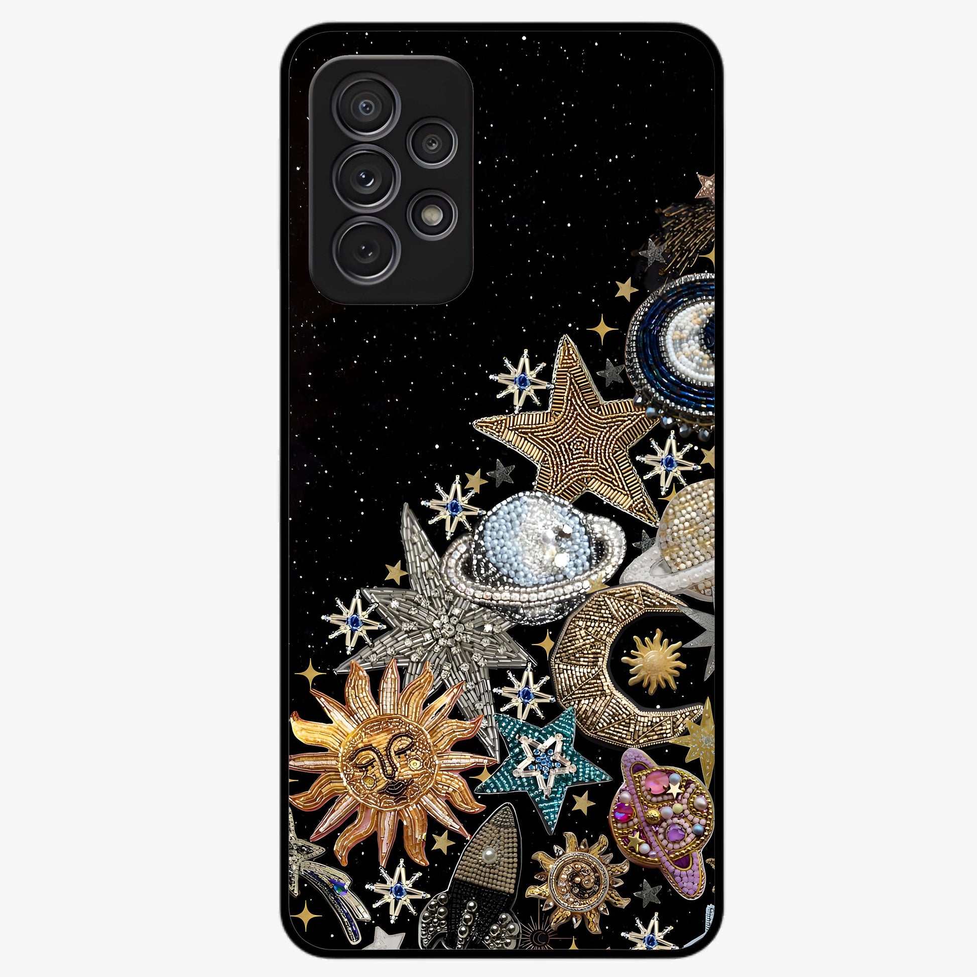Cosmic Sparkle Dreams Glass Case showing flat back view with sparkling cosmic artwork and glossy glass finish.