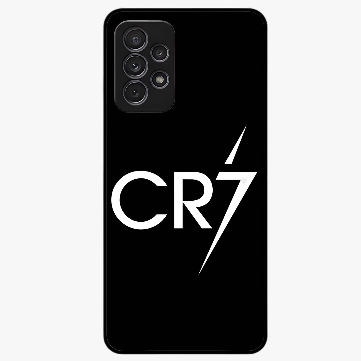 Cr7 Elite Strike Glass Case showing flat back view with dynamic football inspired artwork and glossy glass finish.