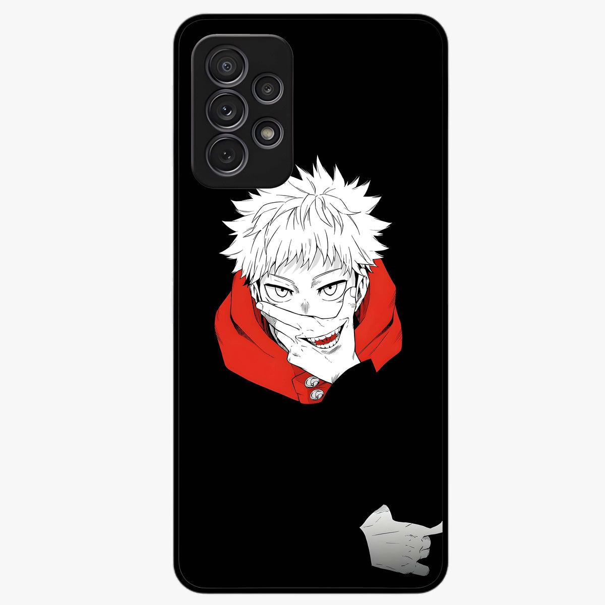 Crimson Chaos Smile Glass Case showing flat back view with bold chaotic smile artwork and glossy glass finish.