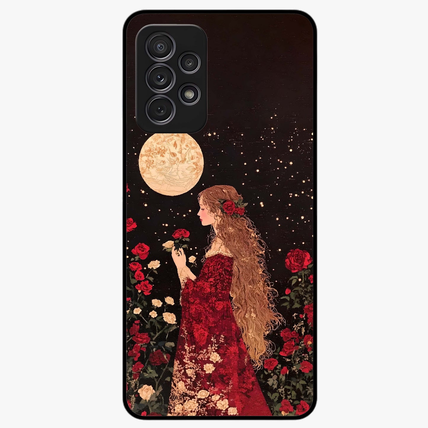 Crimson Dreams Glass Case showing flat back view with dreamy crimson artwork and glossy glass finish.
