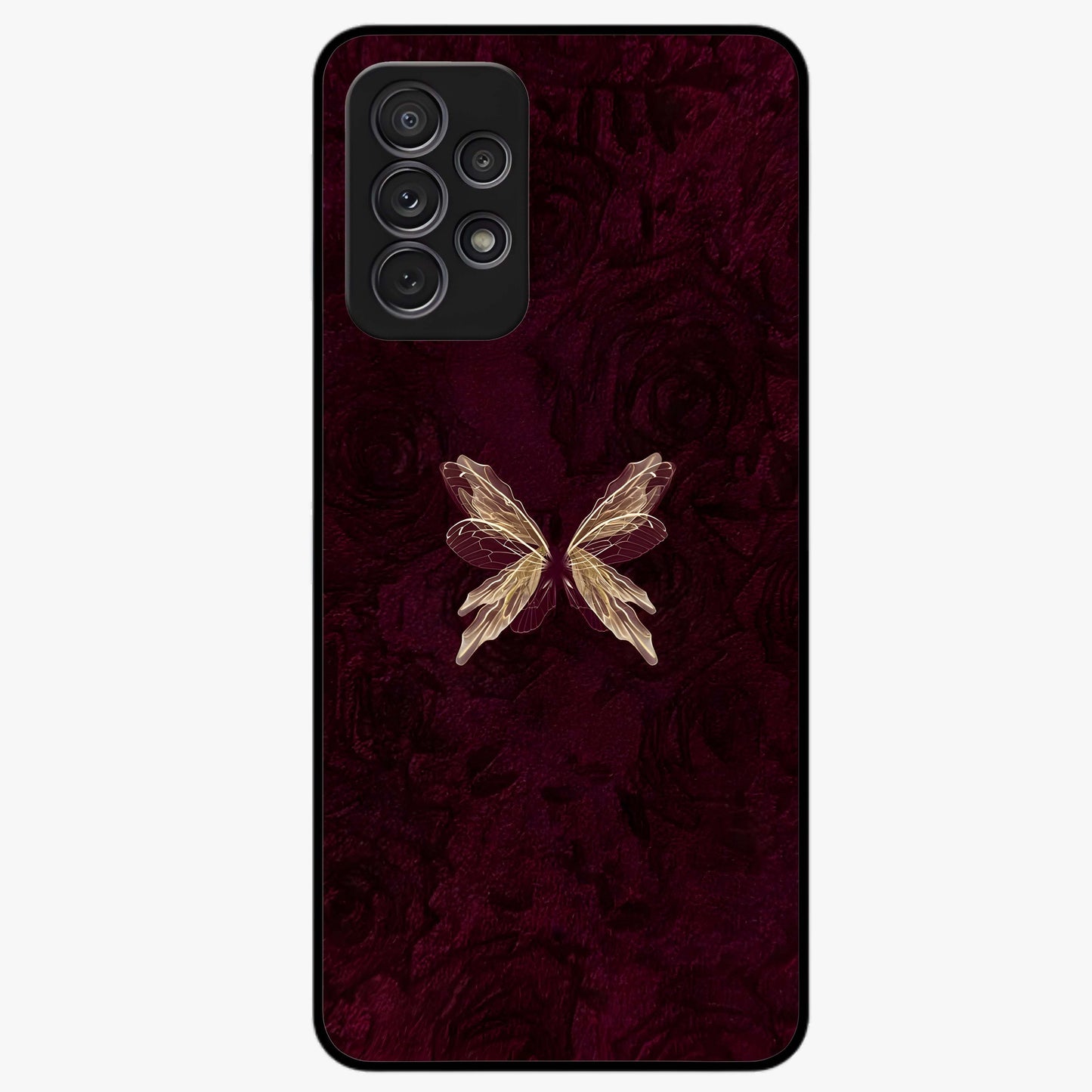Crimson Fade Butterfly Glass Case showing flat back view with fading butterfly artwork and glossy glass finish.