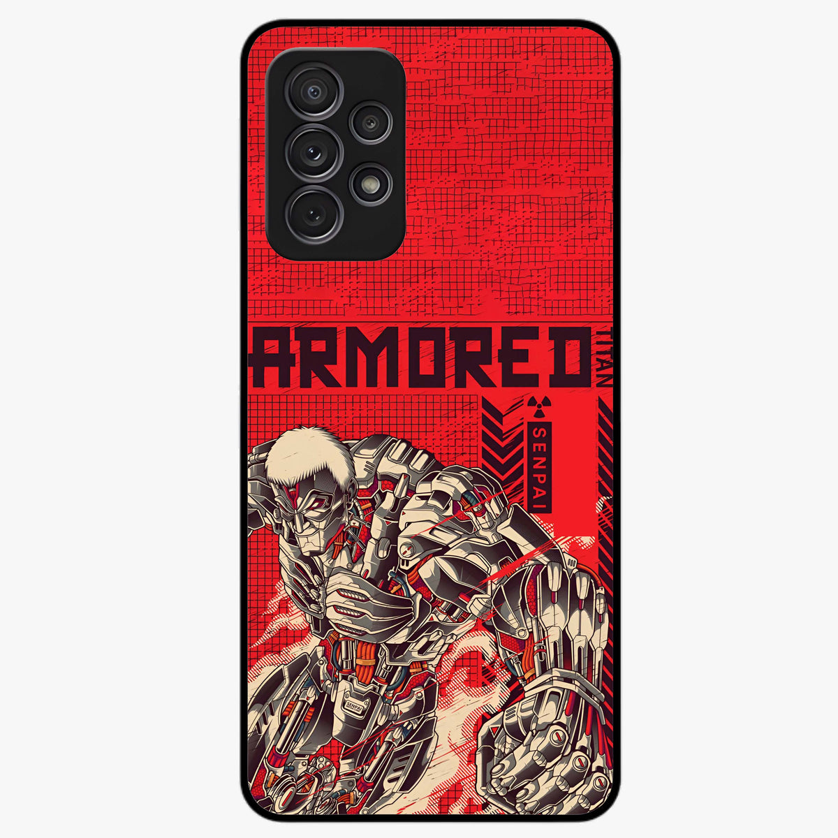 Crimson Mecha Titan Glass Case showing flat back view with powerful mech titan artwork and glossy glass finish.