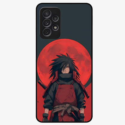Crimson Moon Warlord Glass Case showing flat back view with mystical moon warrior artwork and glossy glass finish.