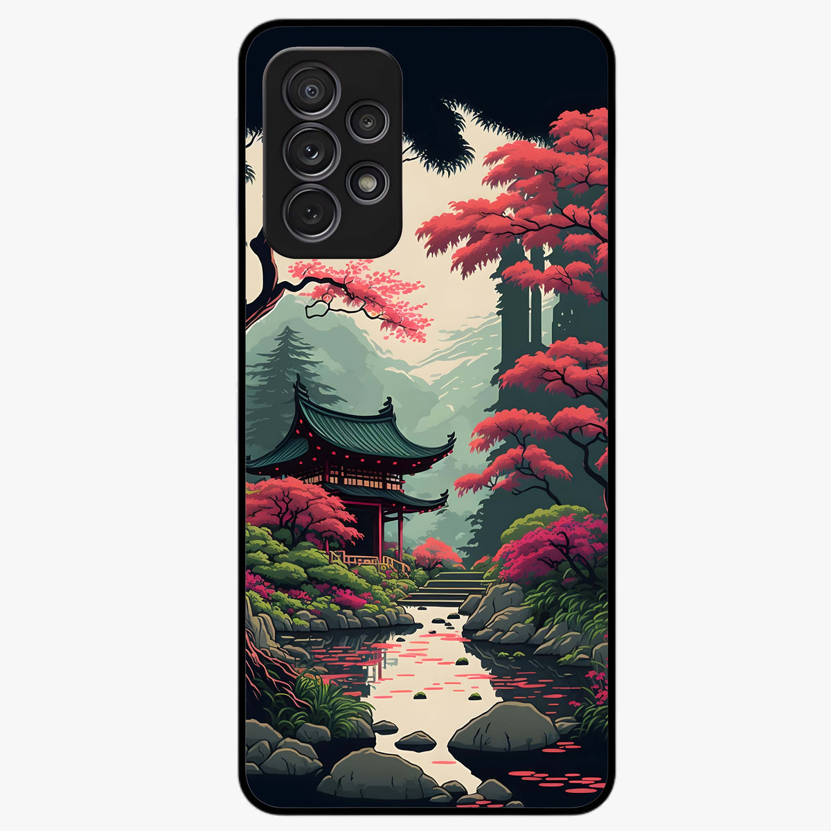 Crimson Temple View Glass Case showing flat back view with temple inspired artwork and glossy glass finish.