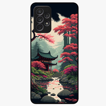 Crimson Temple View Glass Case showing flat back view with temple inspired artwork and glossy glass finish.
