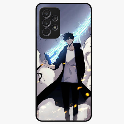 Dark Lightning Anime Warrior Glass Case showing flat back view with intense anime warrior artwork and glossy glass finish.