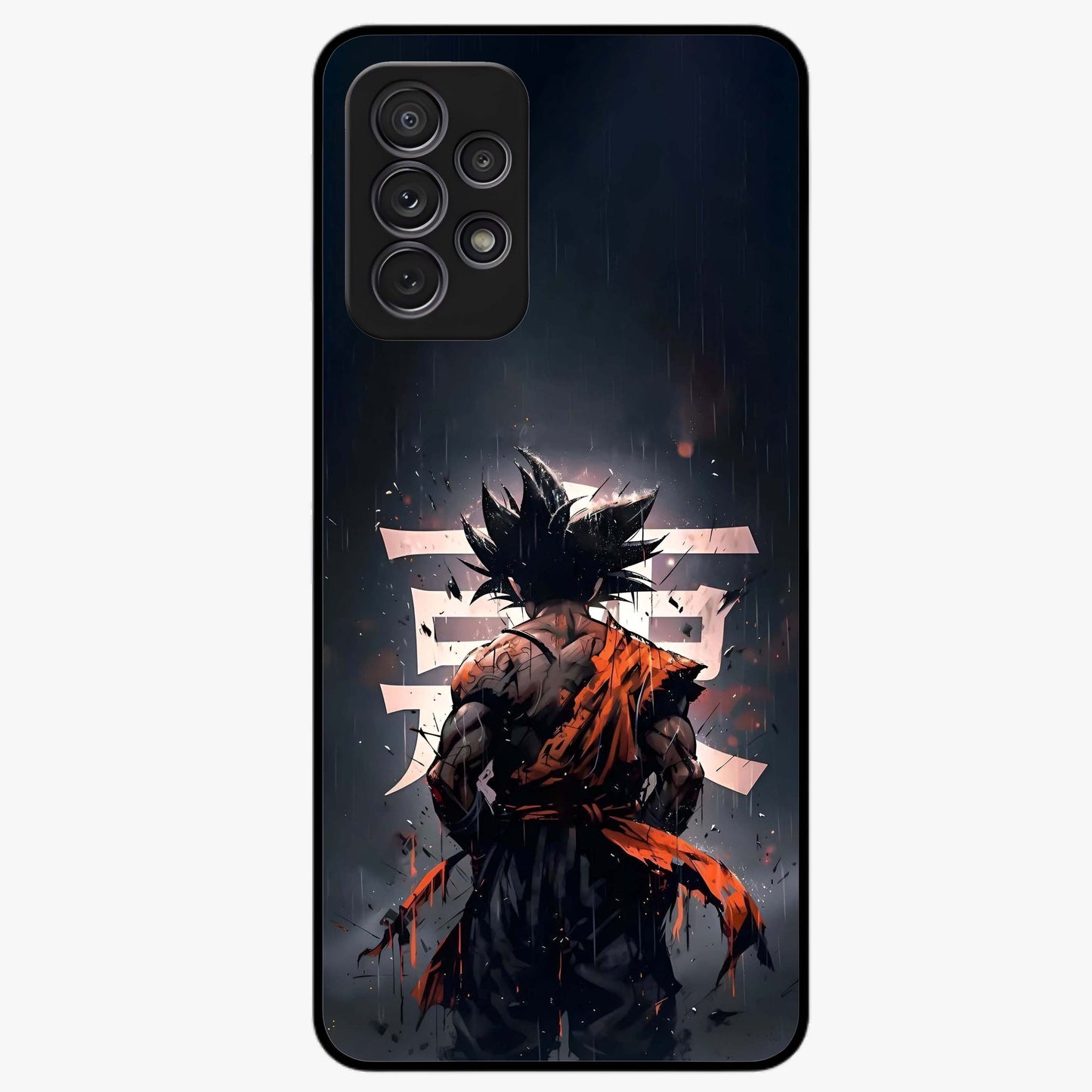 Dark Warrior In Rain Glass Case showing flat back view with warrior artwork in rainy atmosphere and glossy glass finish.