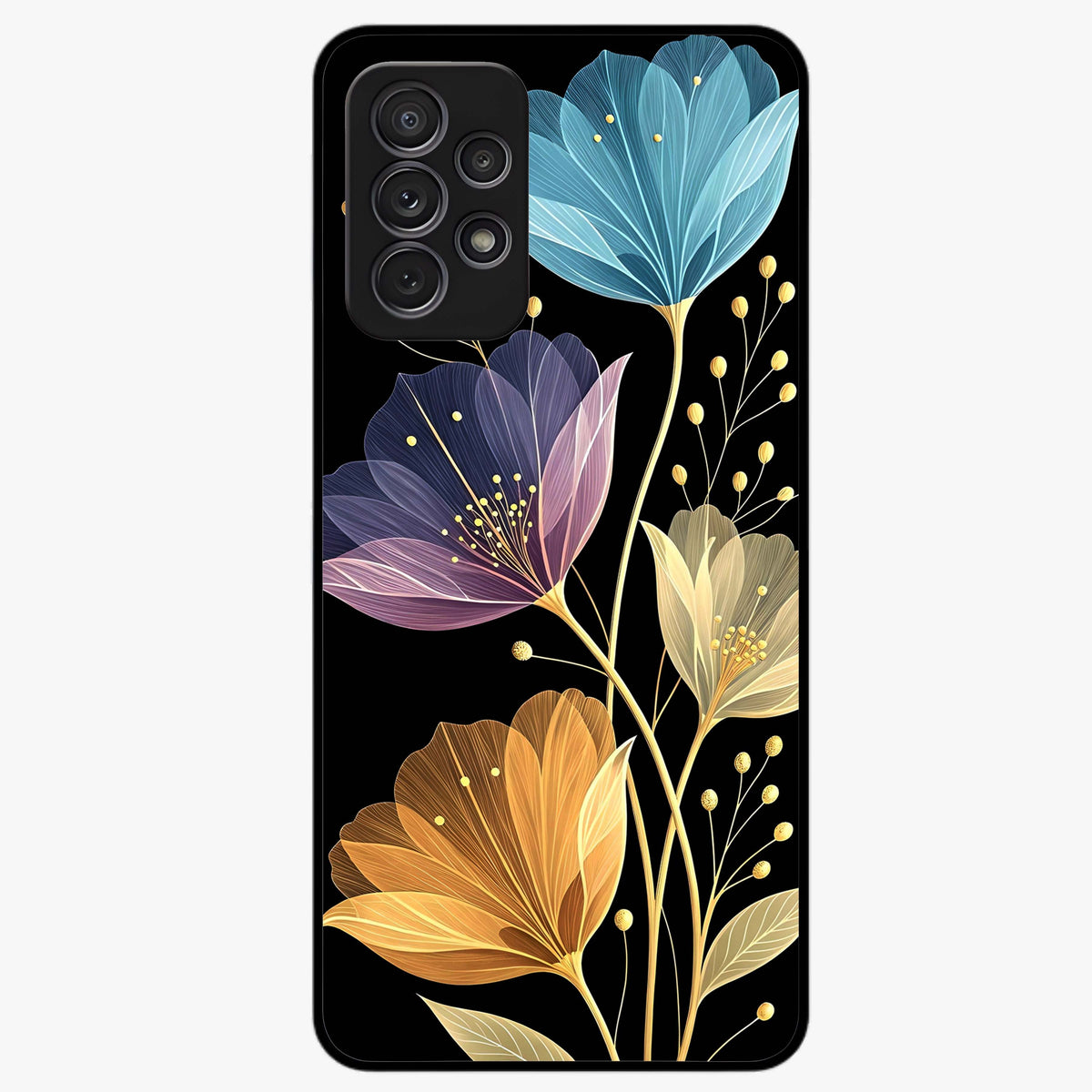 Delicate Multicolor Flowers Glass Case showing flat back view with vibrant floral artwork and glossy glass finish.