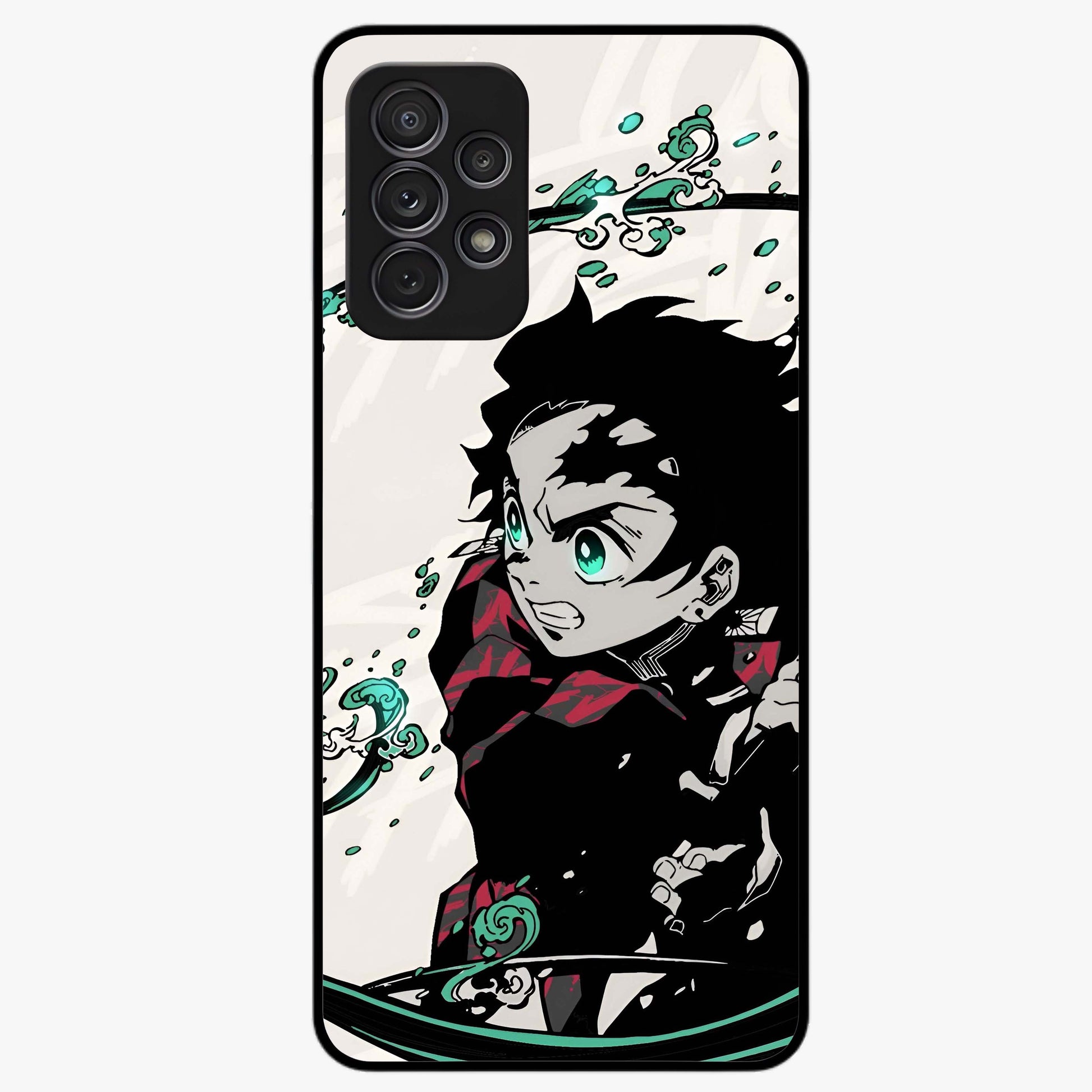 Demon Slayer Glass Case showing flat back view with bold anime inspired artwork and glossy glass finish.