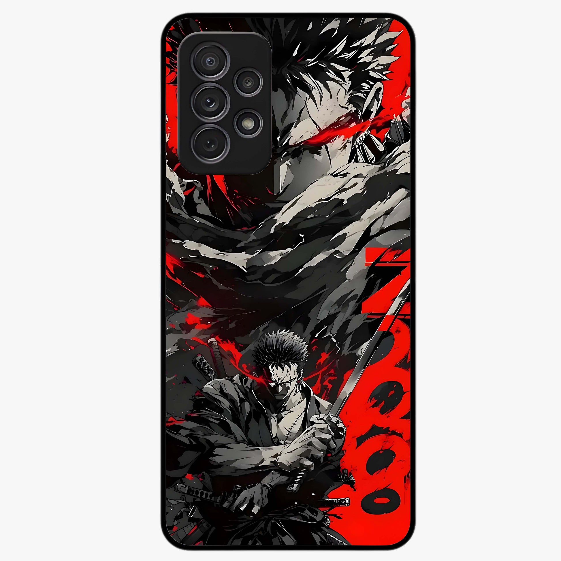 Demon Sword Resolve Glass Case showing flat back view with fierce sword warrior artwork and glossy glass finish.