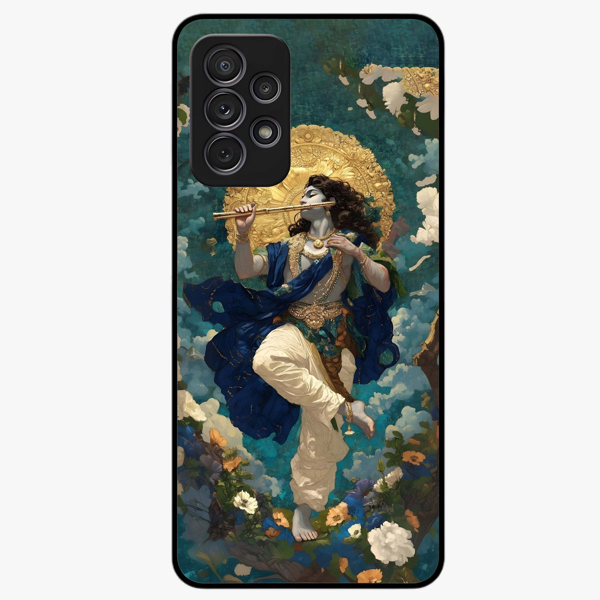 Divine Krishna Art Glass Case showing flat back view with Lord Krishna artwork and glossy glass finish.