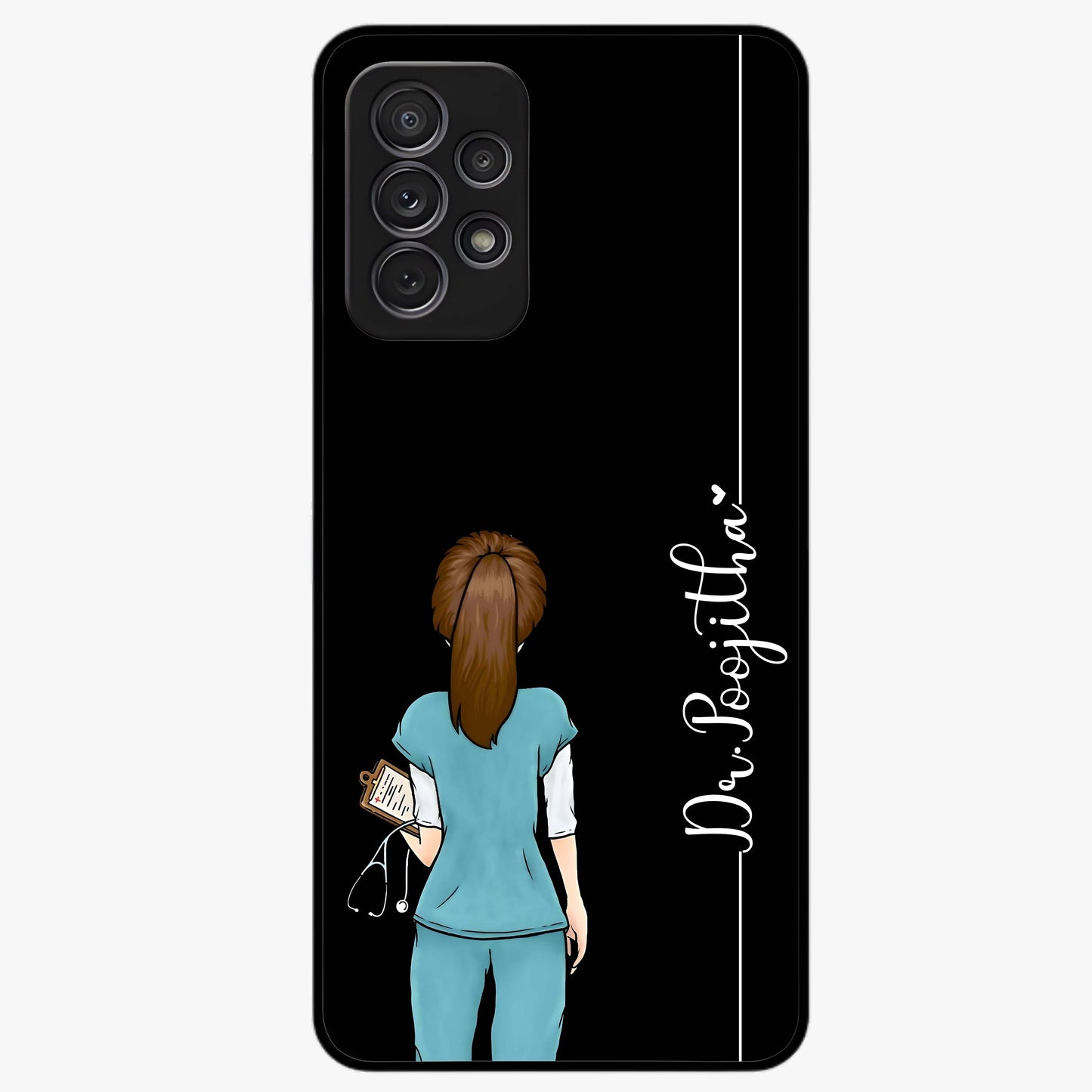 Doctor Pattern Custom Name Glass Case showing flat back view with medical themed pattern and personalized name design.