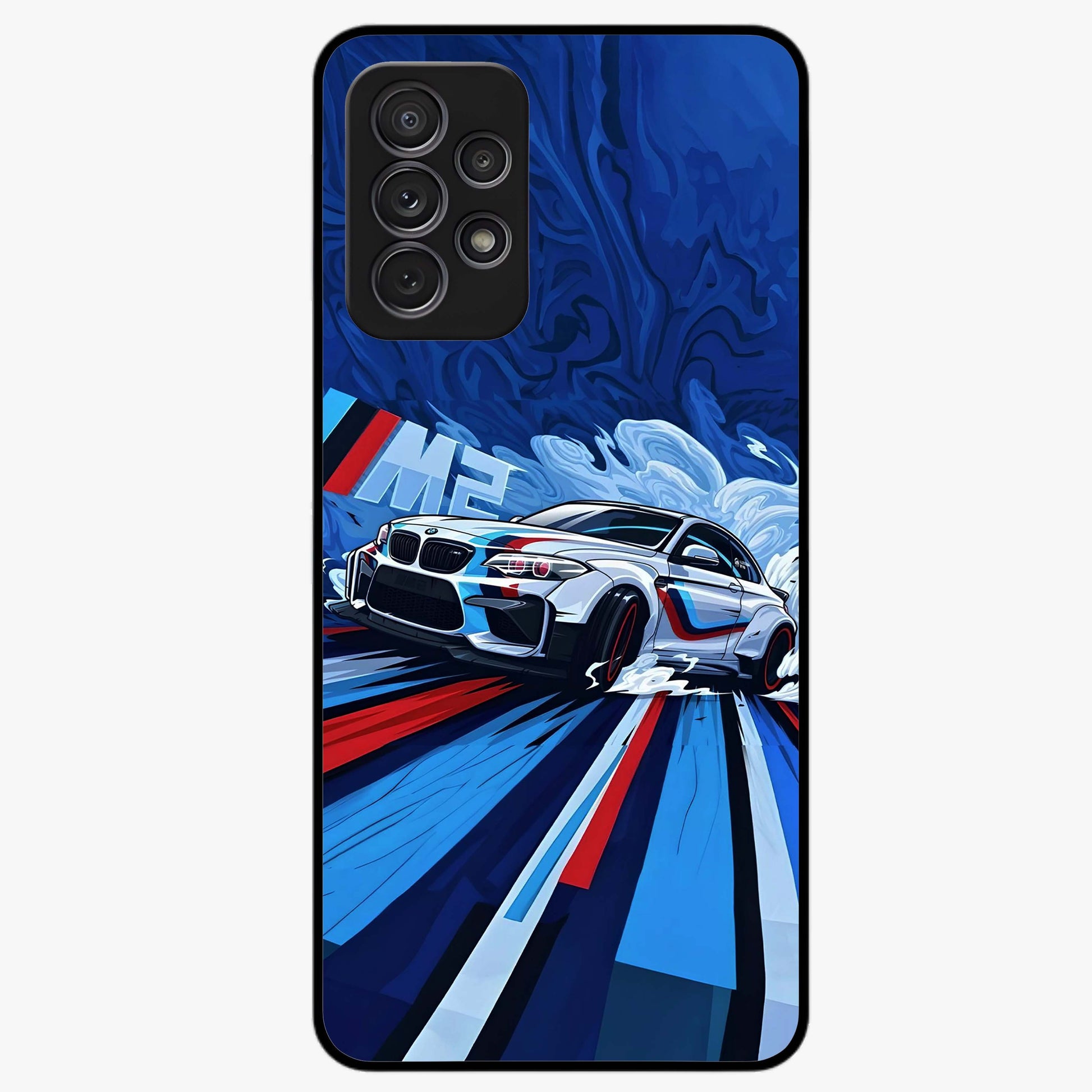Drift Power Rush Glass Case showing flat back view with dynamic racing inspired artwork and glossy glass finish.