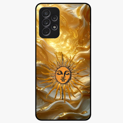 Eternal Golden Glow Glass Case showing flat back view with radiant golden themed artwork and glossy glass finish.