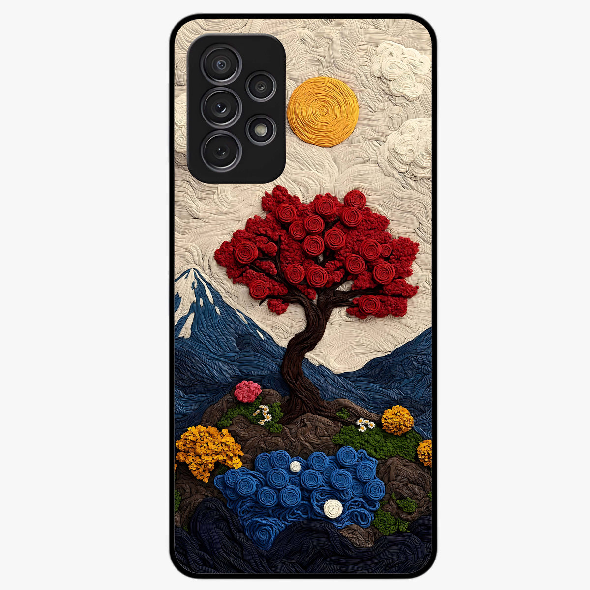 Eternal Nature Tapestry Glass Case showing flat back view with intricate nature tapestry artwork and glossy glass finish.