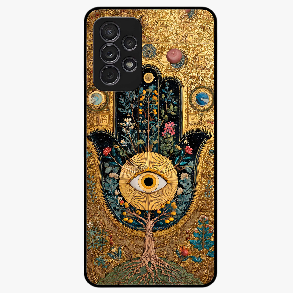 Ethereal Evil Eye Glass Case showing flat back view with mystical evil eye artwork and glossy glass finish.