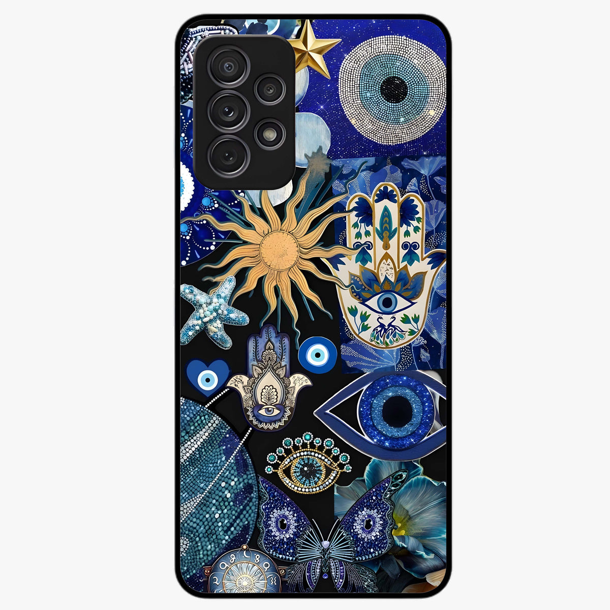 Evil Eye Charm Mix Glass Case showing flat back view with multiple evil eye charms artwork and glossy glass finish.