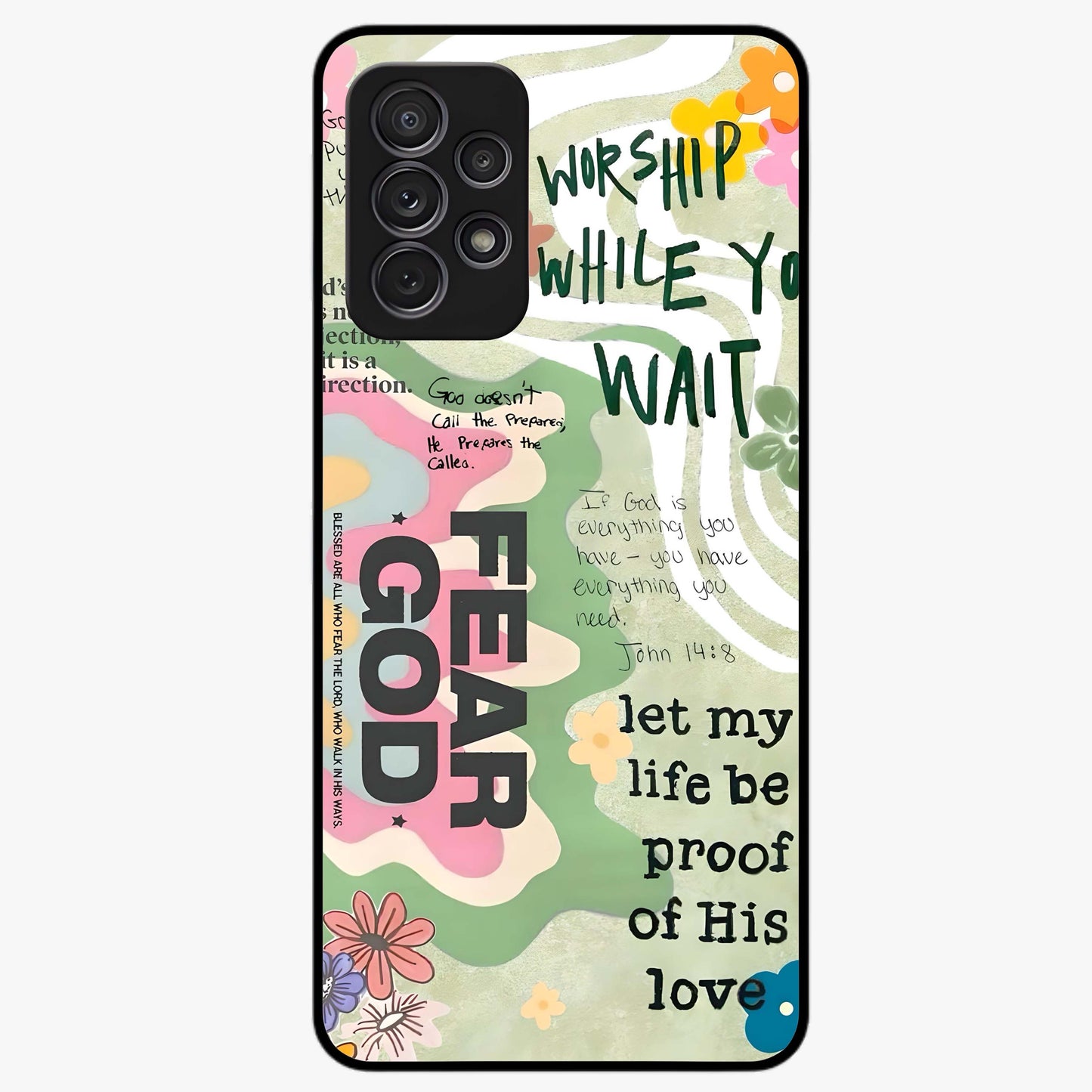 Faith Over Fear Glass Case showing flat back view with motivational typography artwork and glossy glass finish.